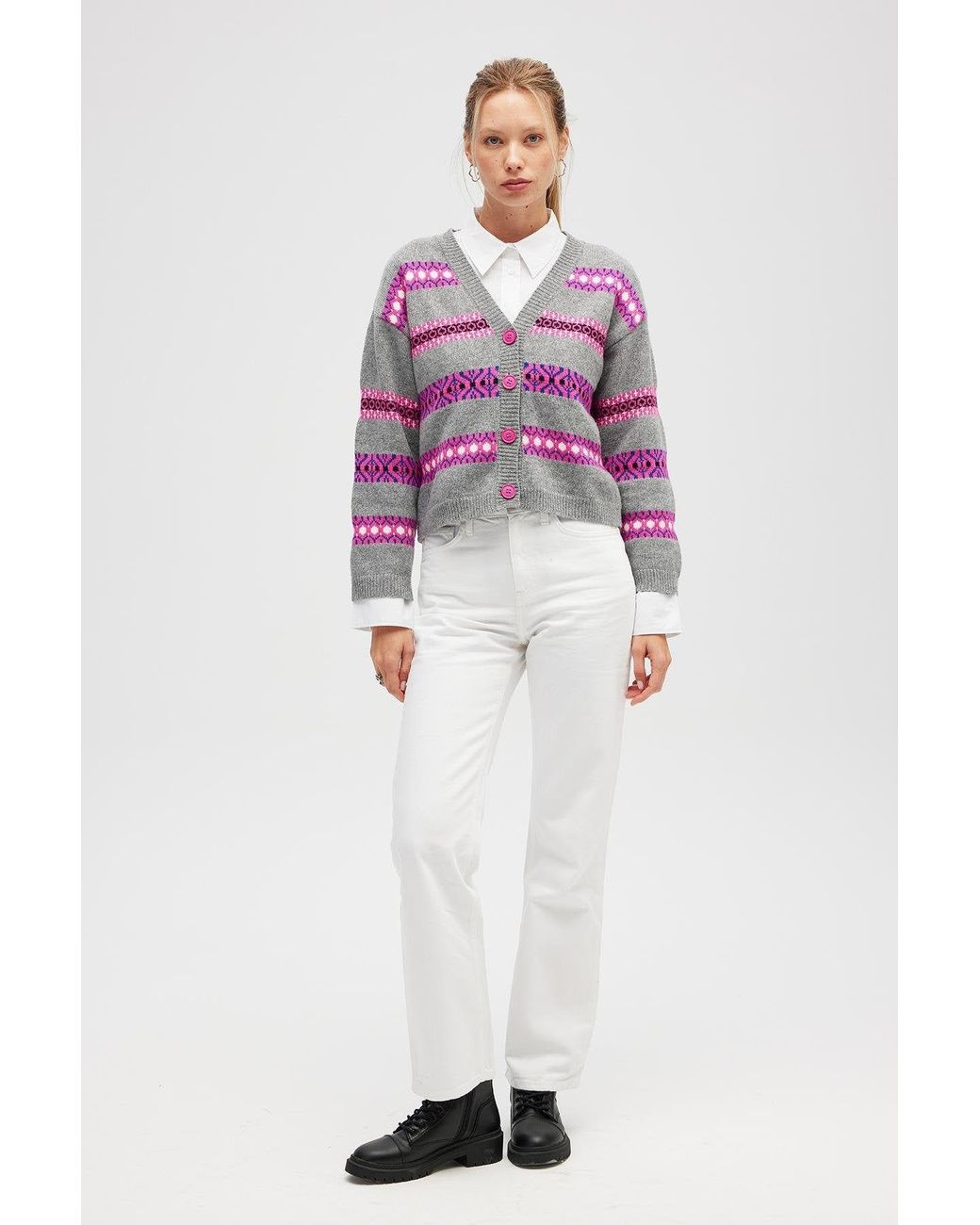 Peraluna Pink Sephora Jacquard Knit Cardigan