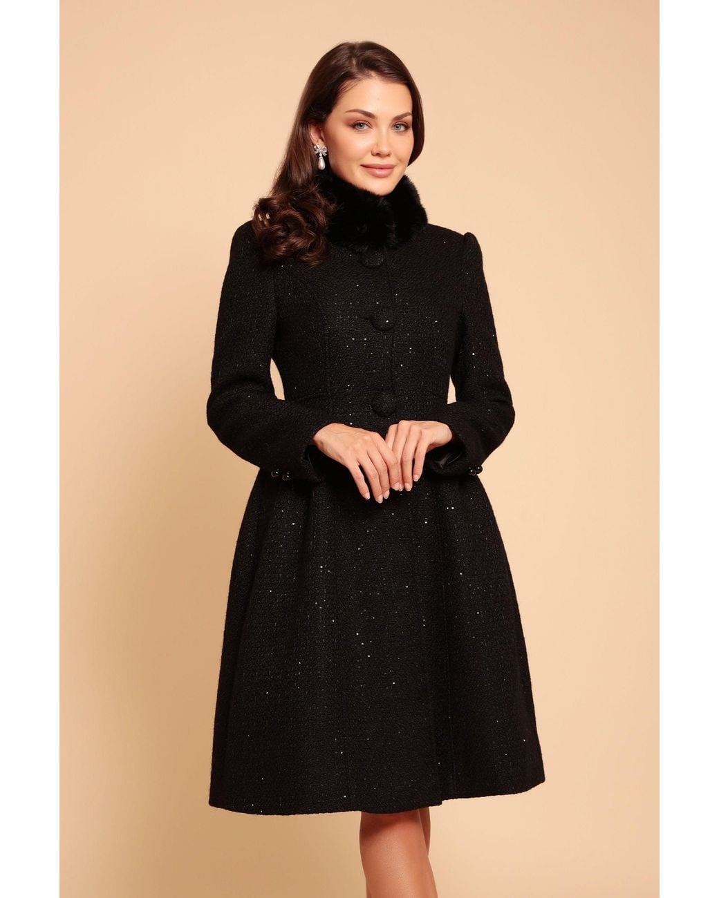 Santinni Black Starlet Wool Tweed Dress Coat With Faux Fur