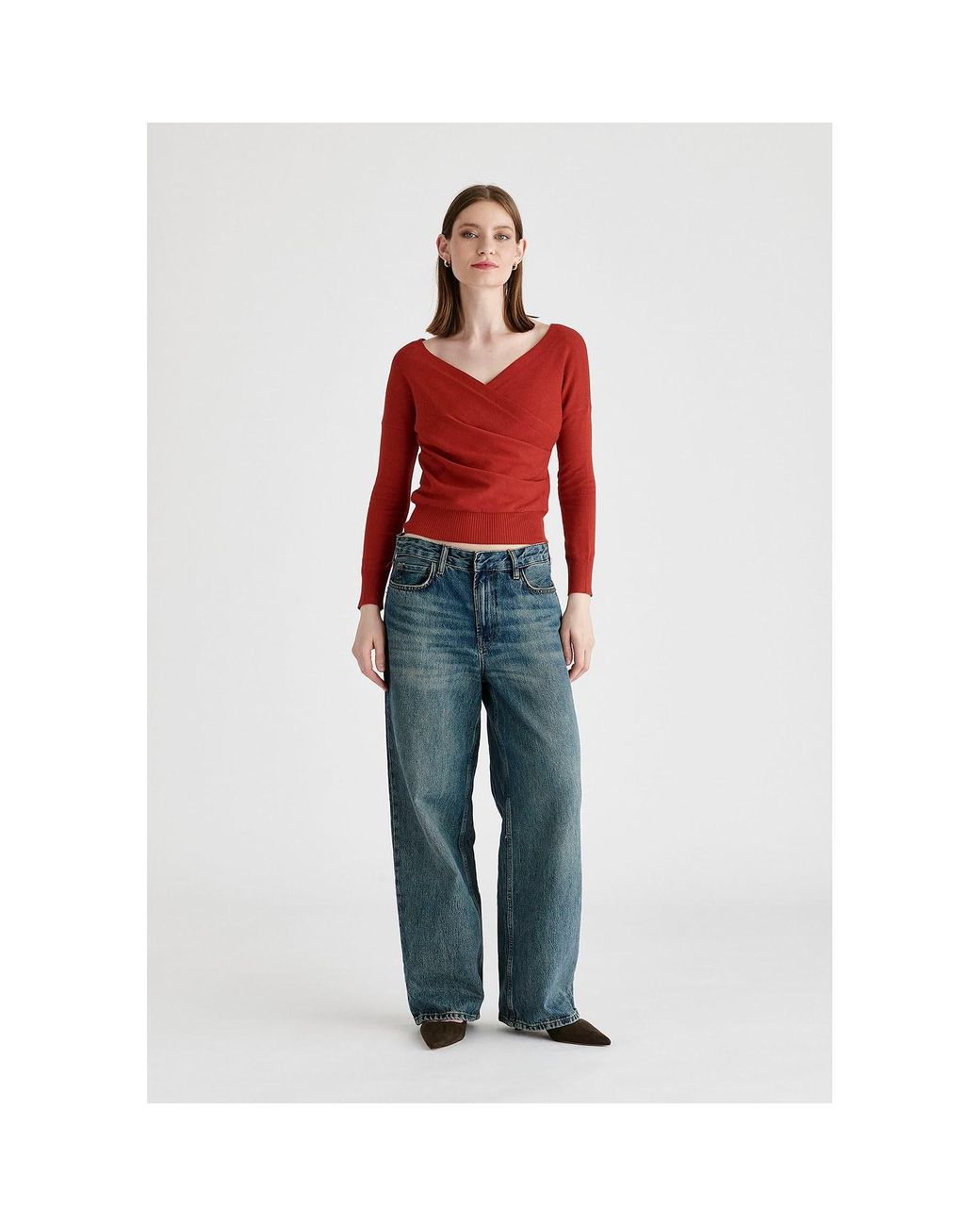 Paisie Red Knitted Wrap Top With Long Sleeves