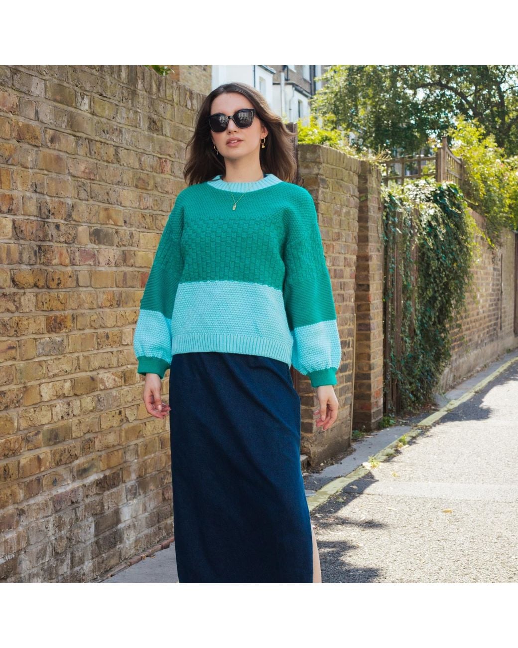 Cara & The Sky Green Taz Colour Block Balloon Sleeve Jumper