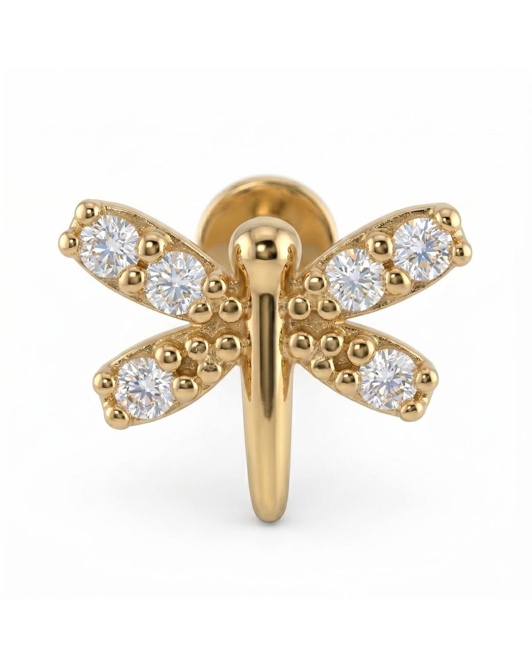 Zahav Jewelry Metallic 14K Solid 18G 8Mm Dragonfly Cz Internally Threaded Flat Back Stud