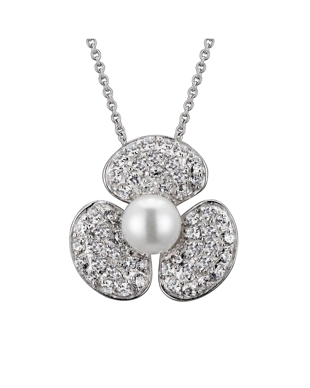 Genevive Jewelry Metallic Sterling Plated With Cubic Zirconia & Mother Of Pearl Round Flower Pendant Necklace