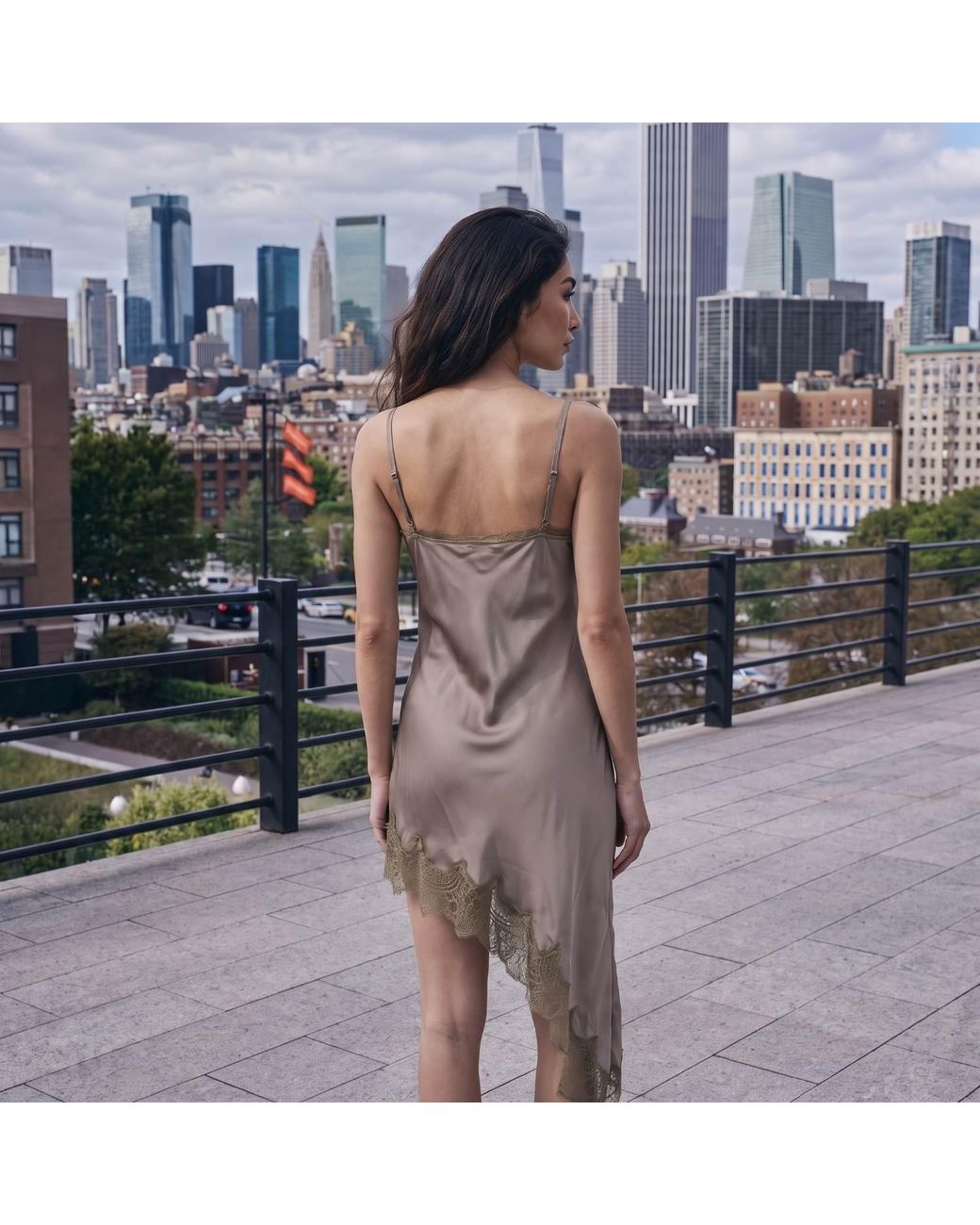 Modenaire Brown Asymmetric Satin Slip Dress With Lace Trim And Fluid Draping