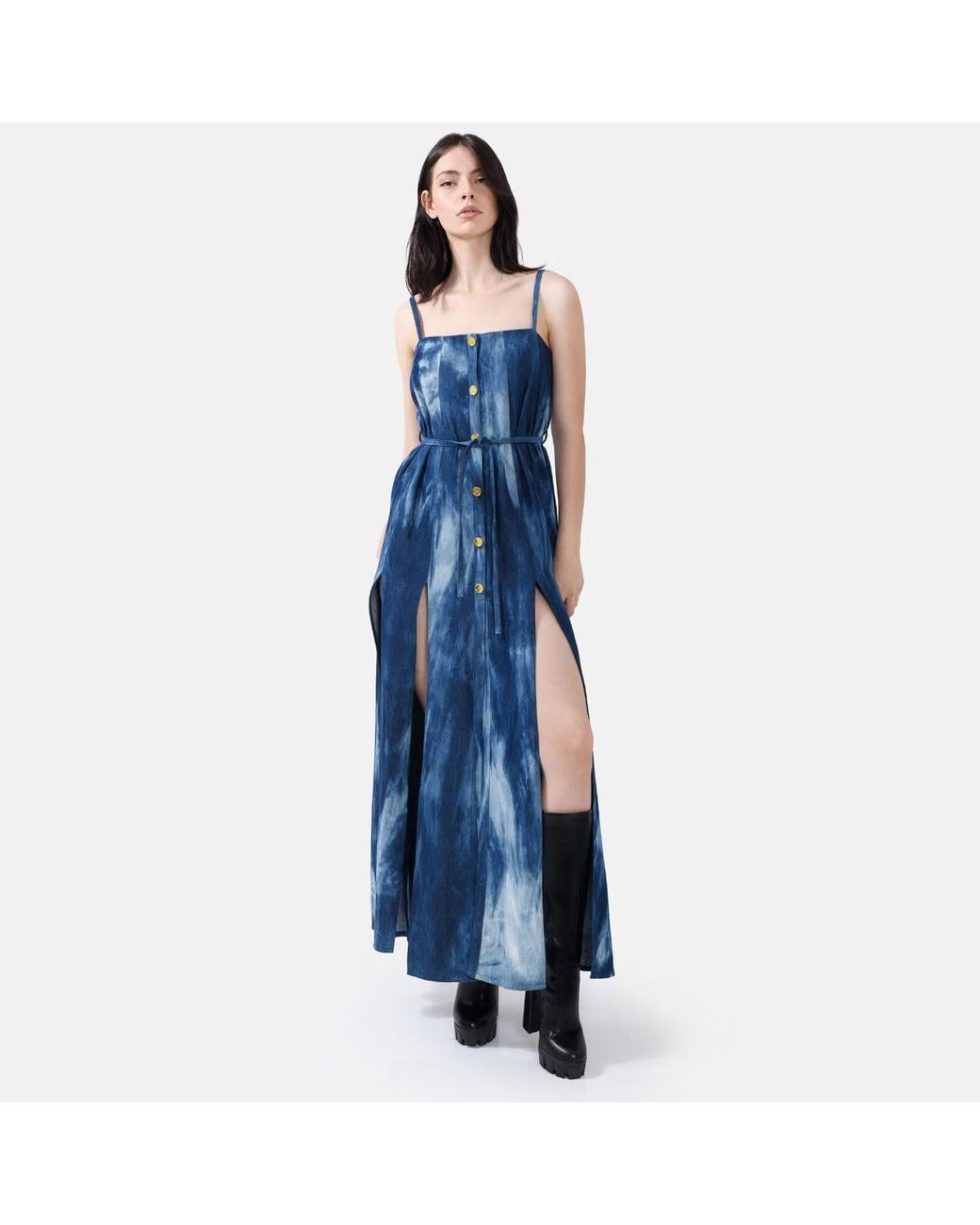 Kargede Blue Designer Denim Maxi Dress – Sleeveless Dyed Jean Dress