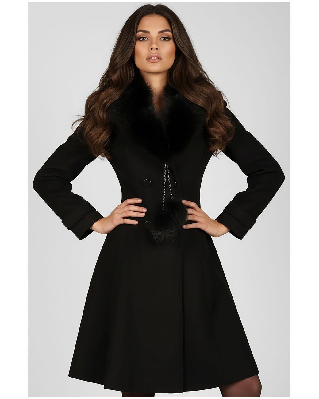 Luna Fashion House Black Wool Coat With Fur Collar, Lucy