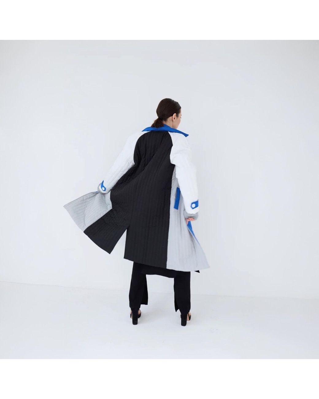 London Atelier Byproduct Blue Patchwork Colour Block Quilt Long Jacket