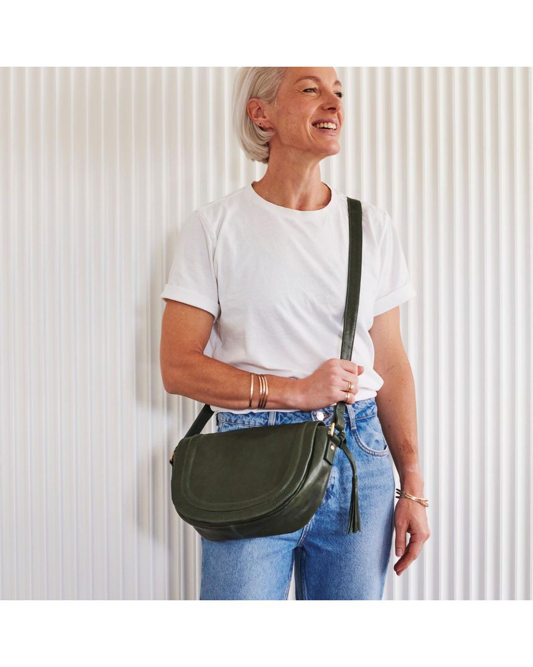 VIDA VIDA Green Luxury Soft Leather Saddle Bag With Tassel