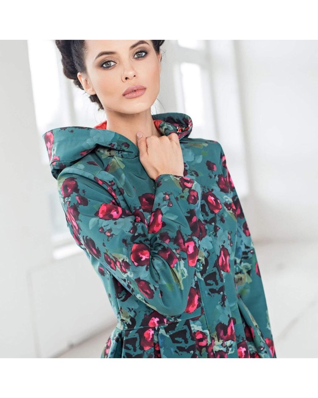 RainSisters Blue Emerald Green Waterproof Coat With Roses: Rosalie