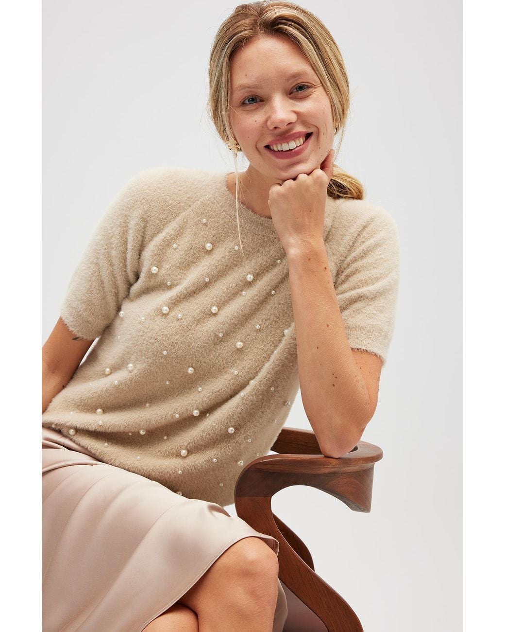 Peraluna Natural Neutrals Emilia Pearl Embroidered Knit Fluffy Blouse