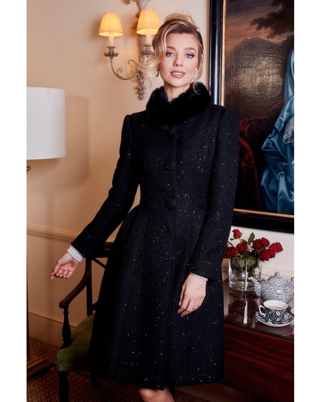 Santinni Black Starlet Wool Tweed Dress Coat With Faux Fur