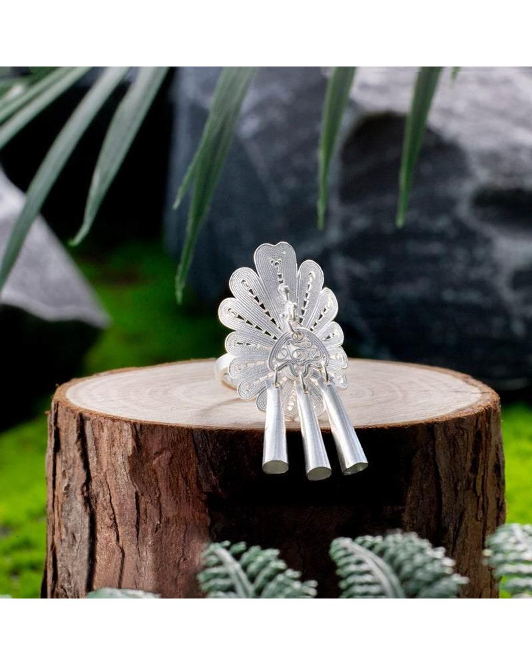 Far East Jewelry White Handcrafted Phoenix Chasing Ring