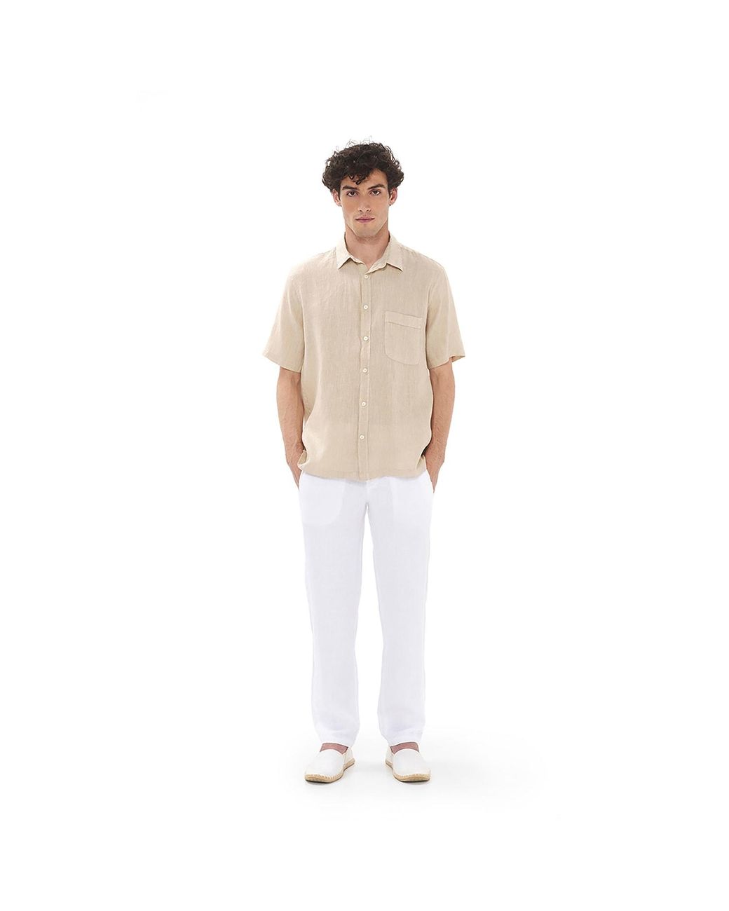 Haris Cotton Natural Neutrals Short Sleeved Front Pocket Linen Shirt-Beach Sand for men