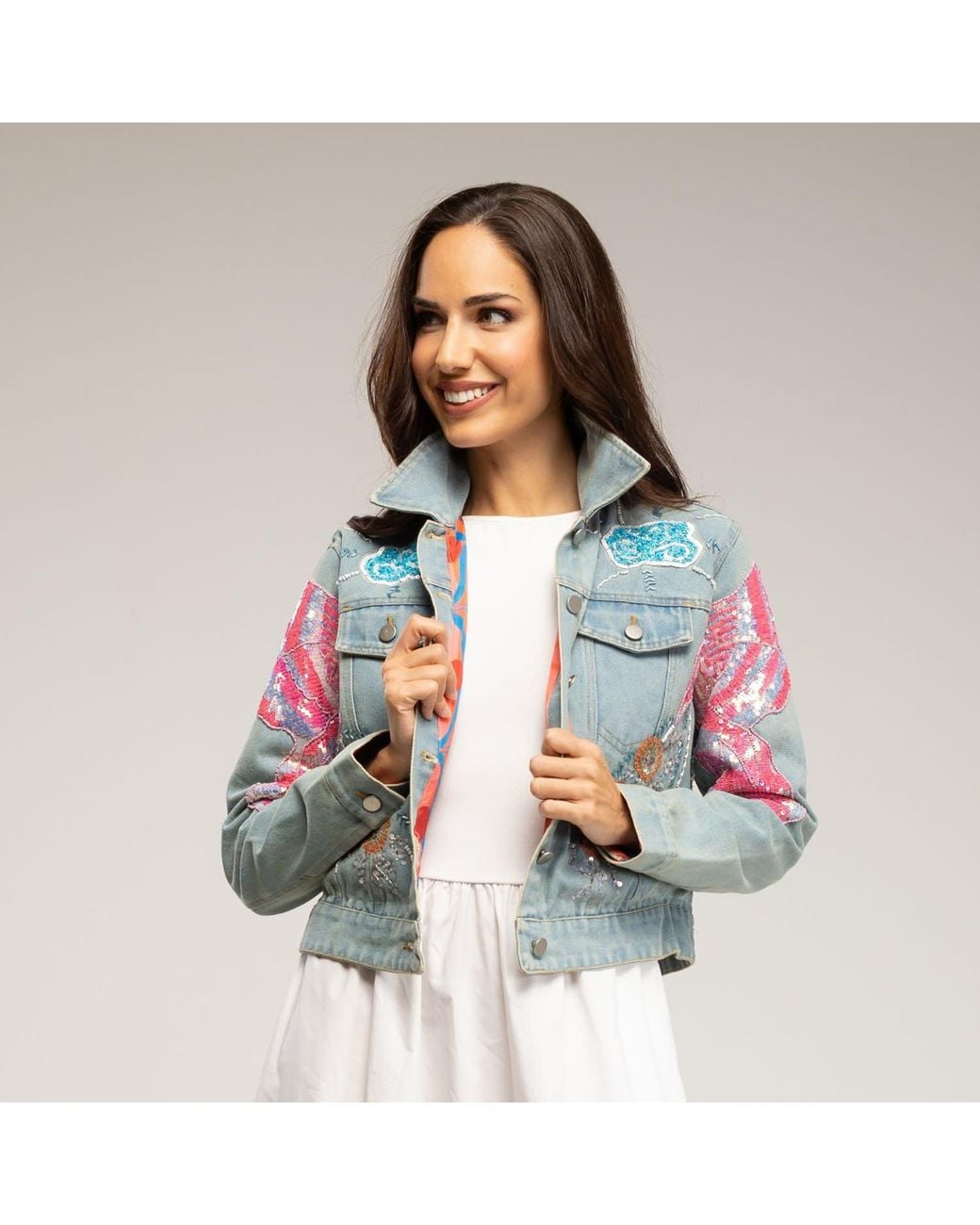 Tantra Spain Sl White Denim Jacket With Embroidered Butterfly Design And Sequins