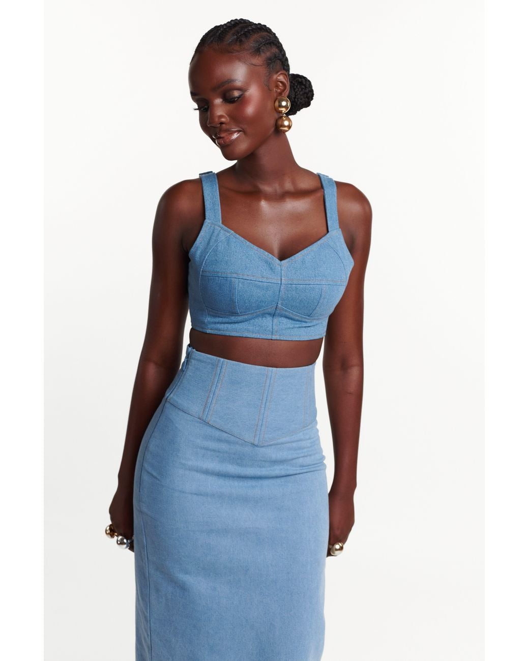 Ofuure Blue Light Denim Ona Midi Skirt
