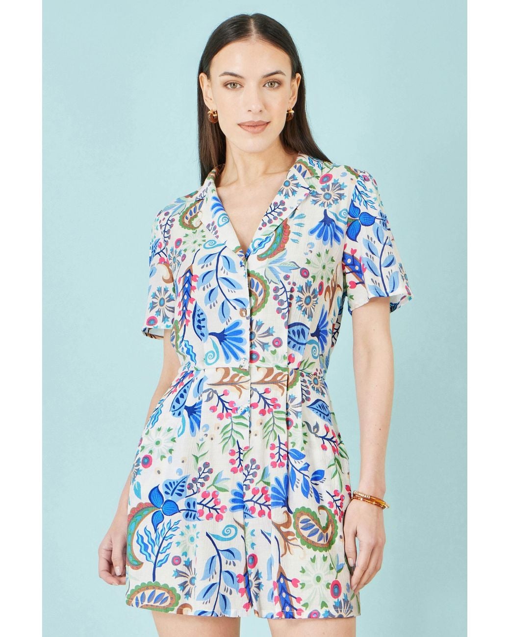 Yumi' Blue Multicolour Paisley Retro Print Playsuit