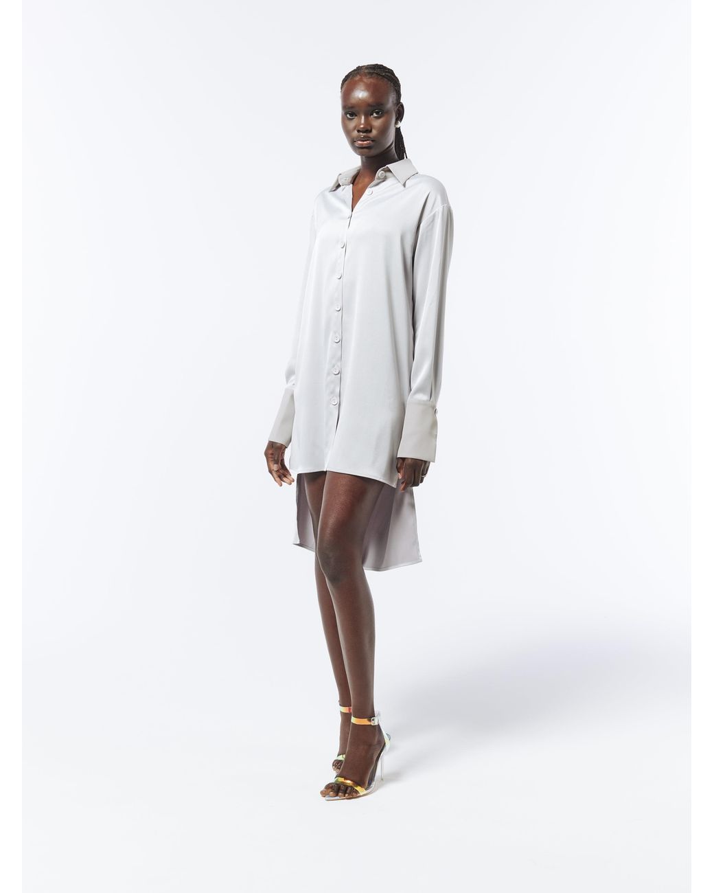 Sour Figs White Oversized Asymmetric High Low Satin Shirt Dress