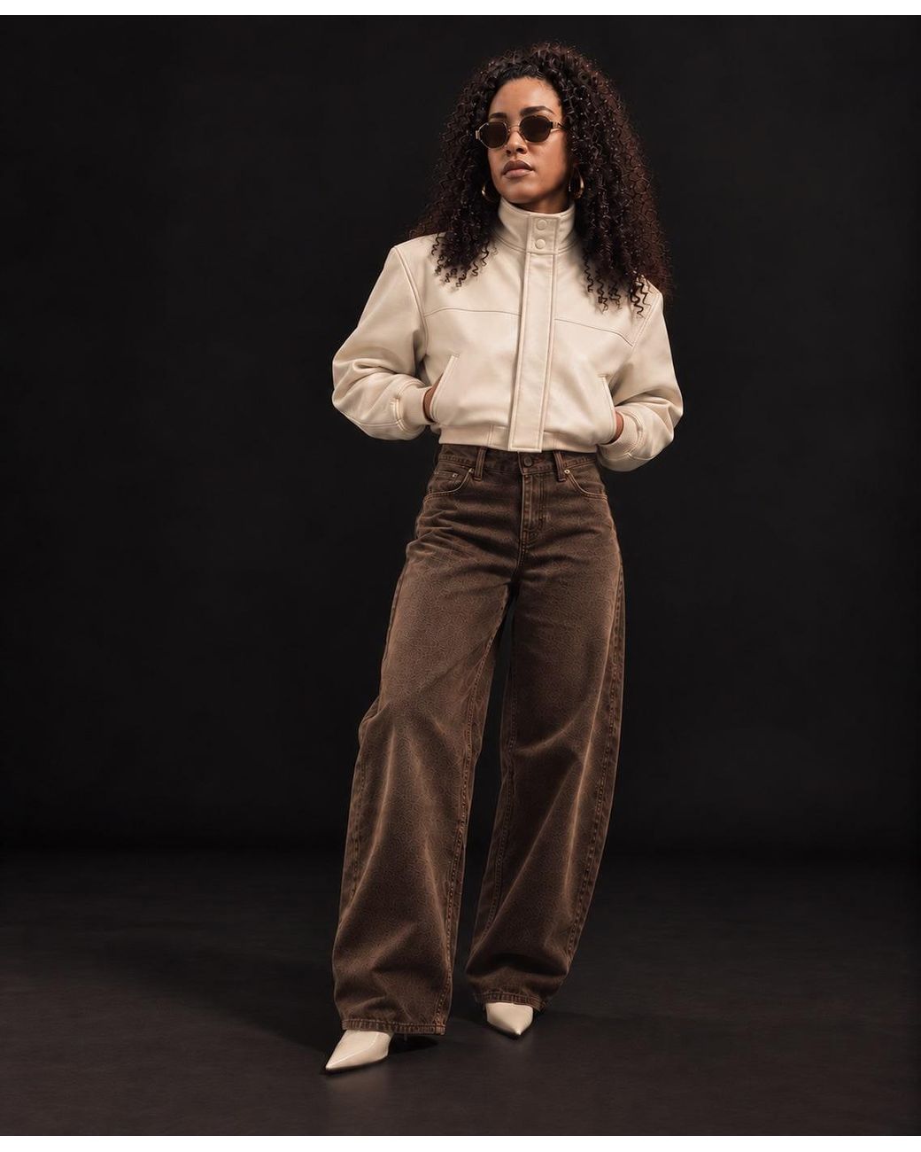 COOL Creative Natural Neutrals Cropped Funnel Neck Leather Bomber Jacket