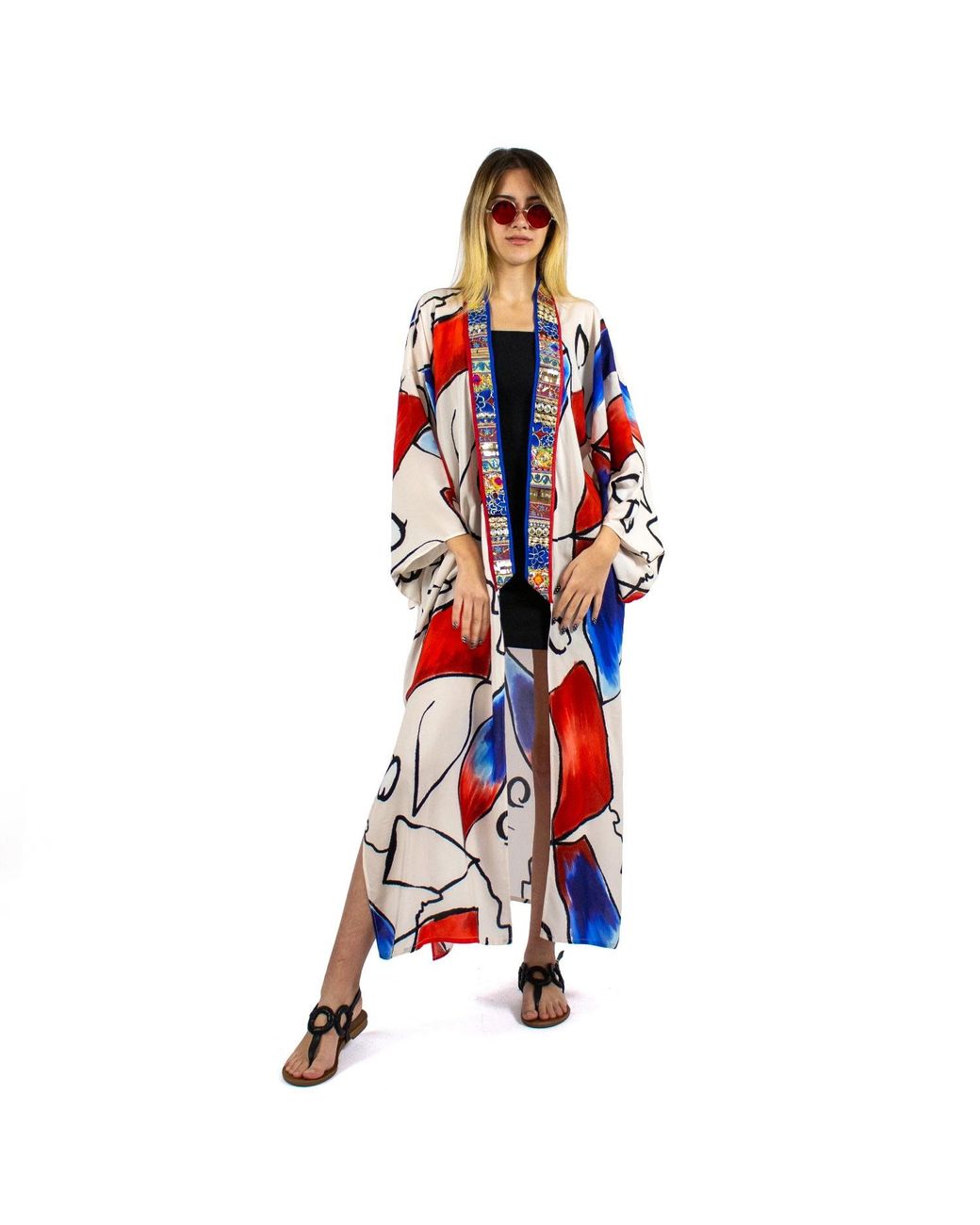 Lalipop Design Red Abstract Viscose Kimono Embellished With Embroidery Details