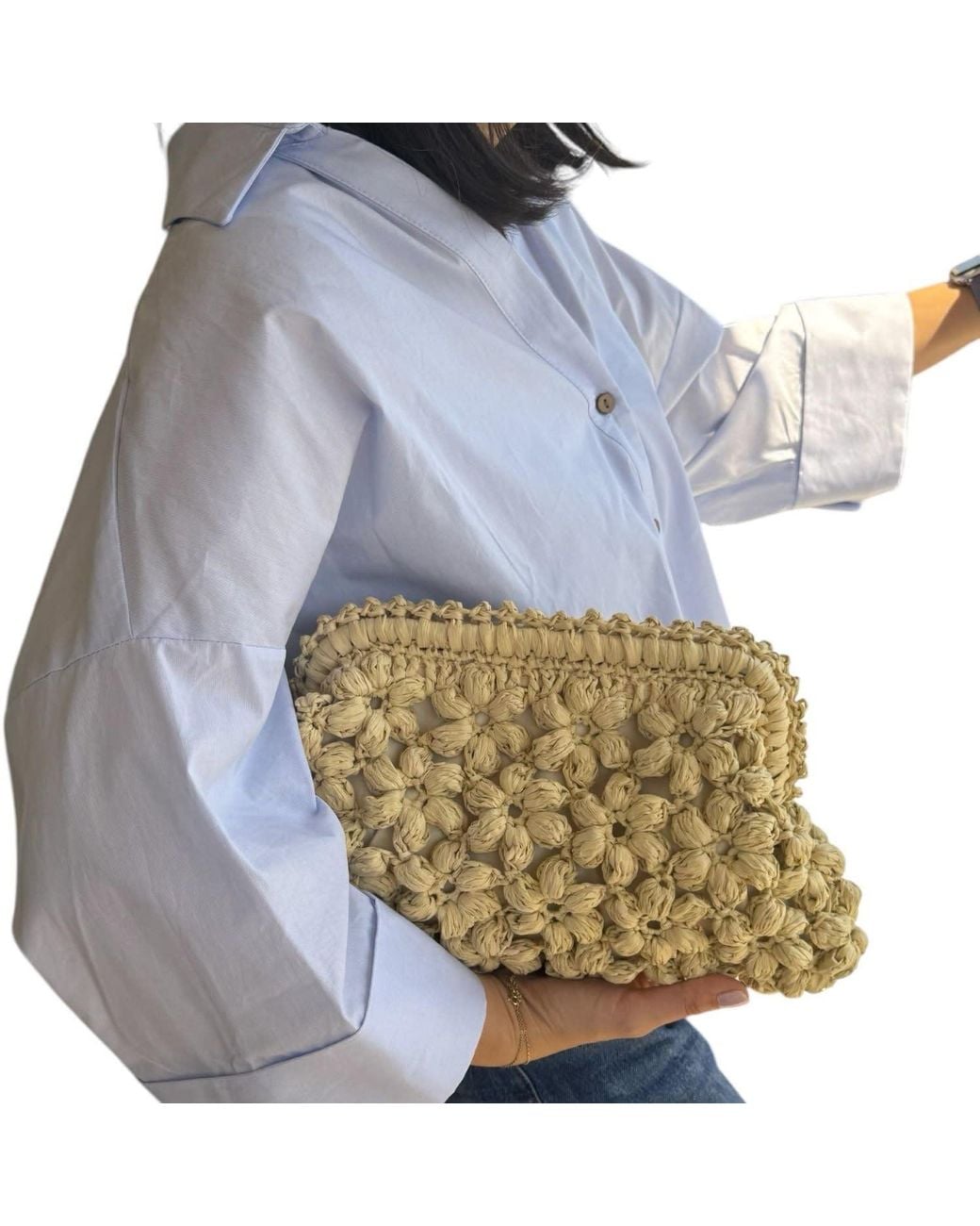 Springmoonatelier Natural Neutrals Handmade Cream Raffia Clutch Bag With Floral Motifs – Elegant Spring And Summer Purse