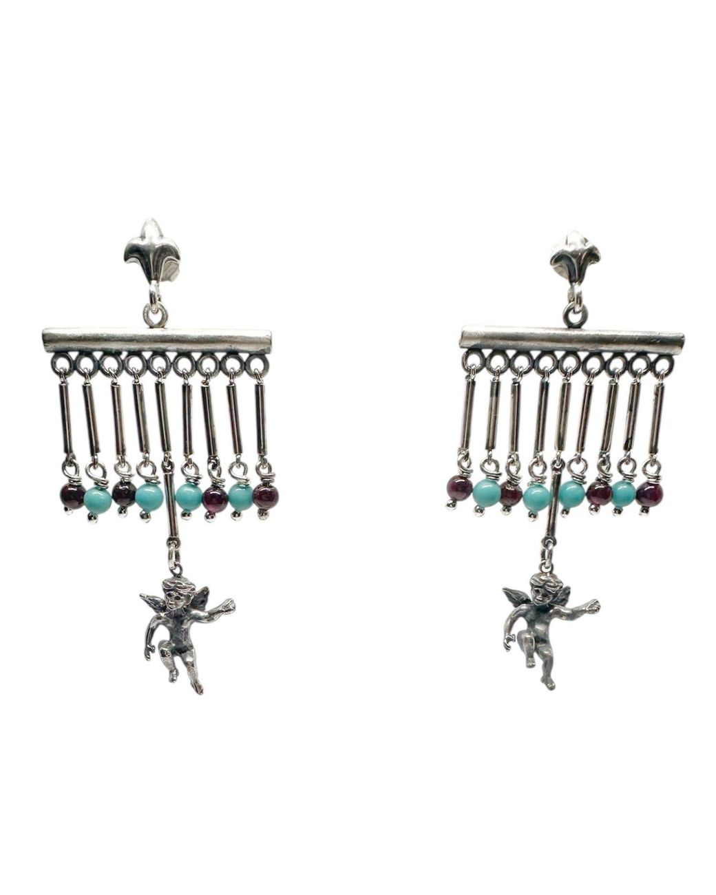 Tg-Jewellery by Tamara Gervasio Metallic Sterling Cherub Chandelier Earrings With Garnet & – Lost Wax Carving