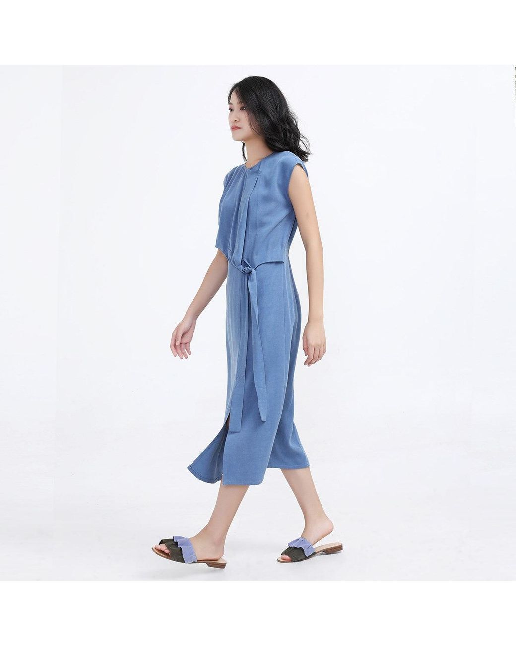 Smart and Joy Blue Cupro Draped Side Tie Midi Dress