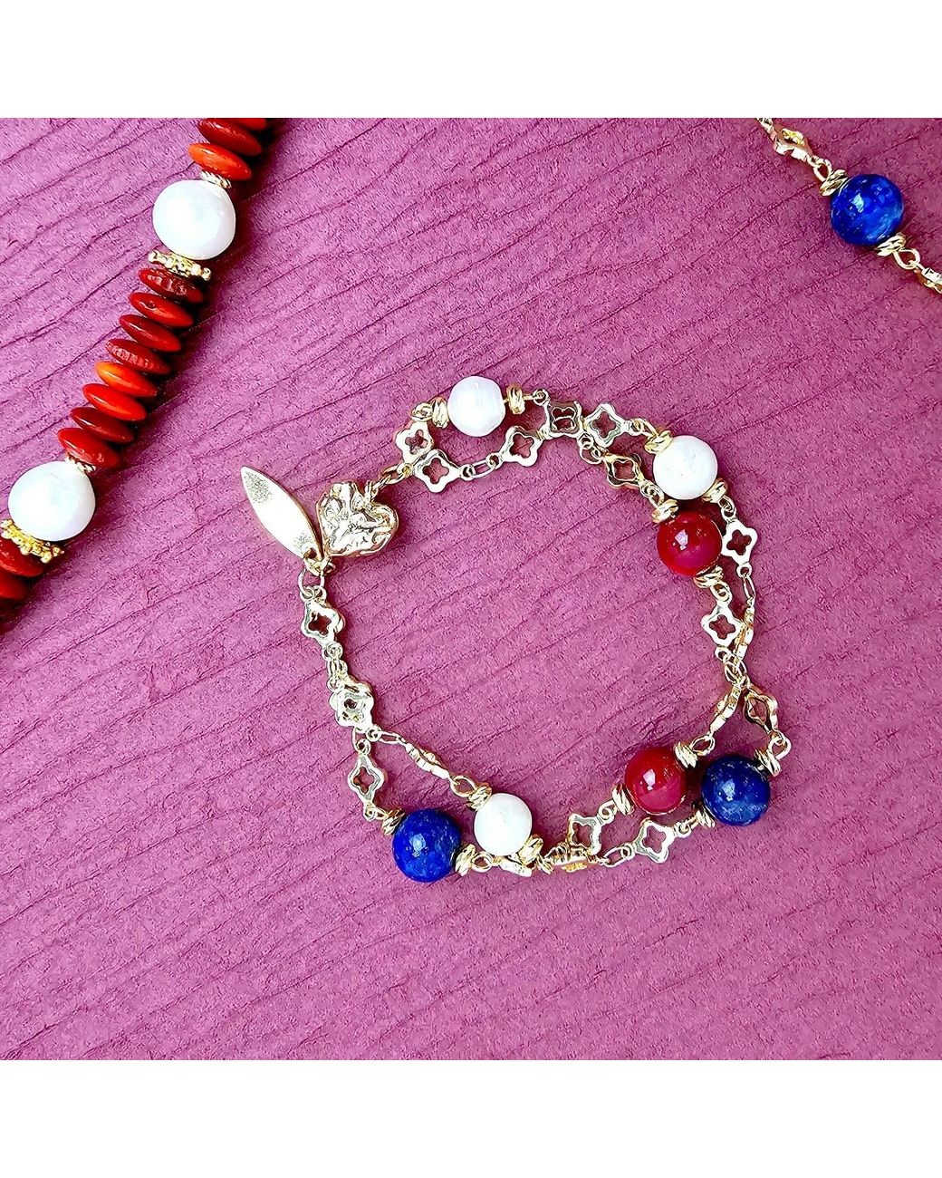 Farra Blue Lapis Bamboo Coral And Pearl Double Layer Chain Bracelet