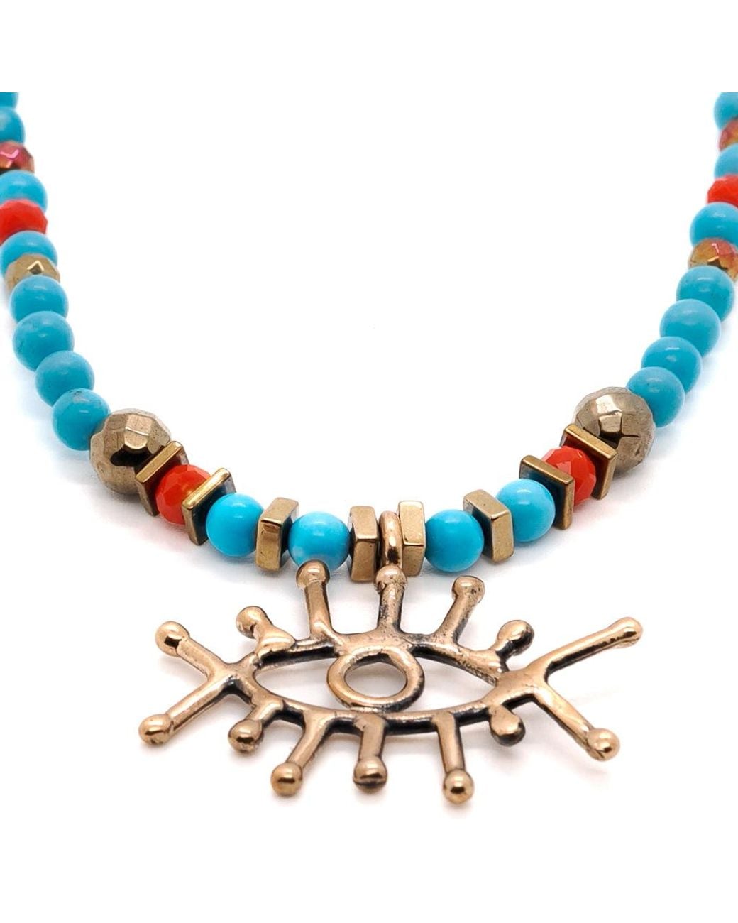 Ebru Jewelry Metallic Guardian Evil Eye Pendant Stone Beaded Necklace
