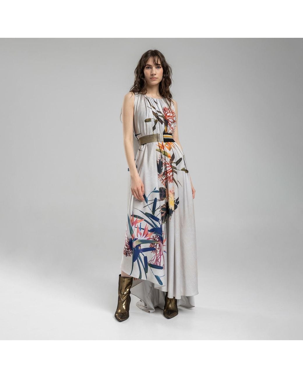 ARTISTA White Polyester Floral Print Maxi Dress