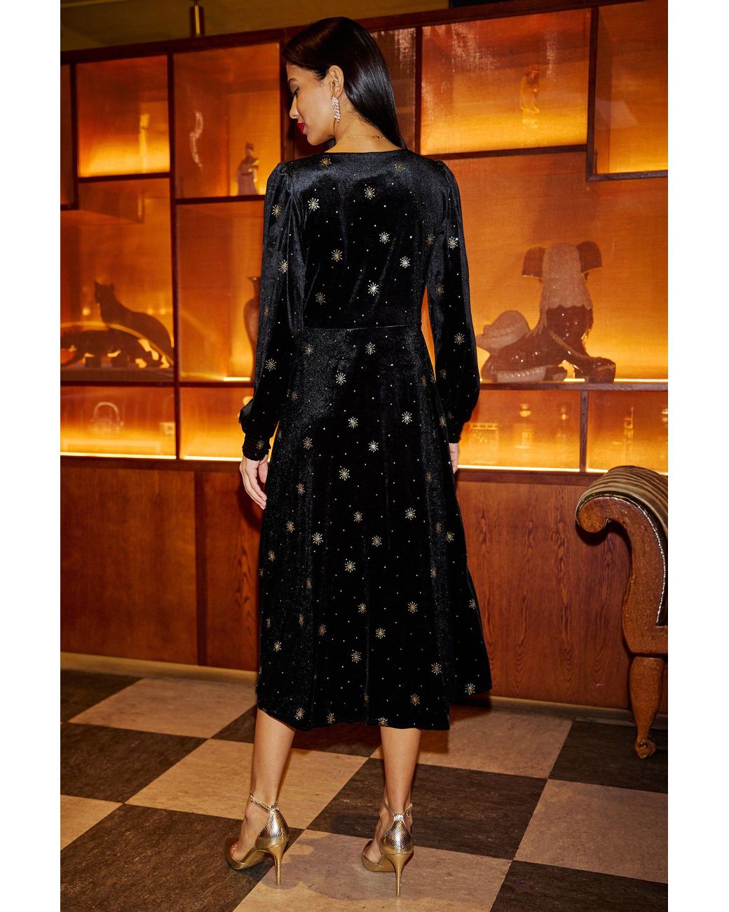 Yumi' Black Velvet Midi Dress With Starburst Foil Print