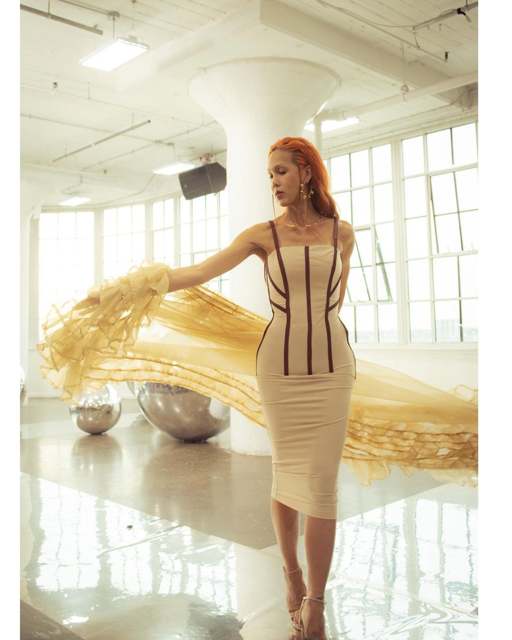 Jane Gala Metallic Neutrals Nude Silk Organza Hand-Beaded Ruffled Cape