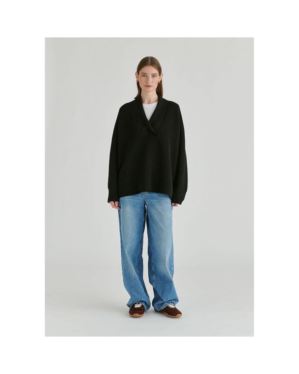 Paisie Black Shawl Collar Ribbed Jumper