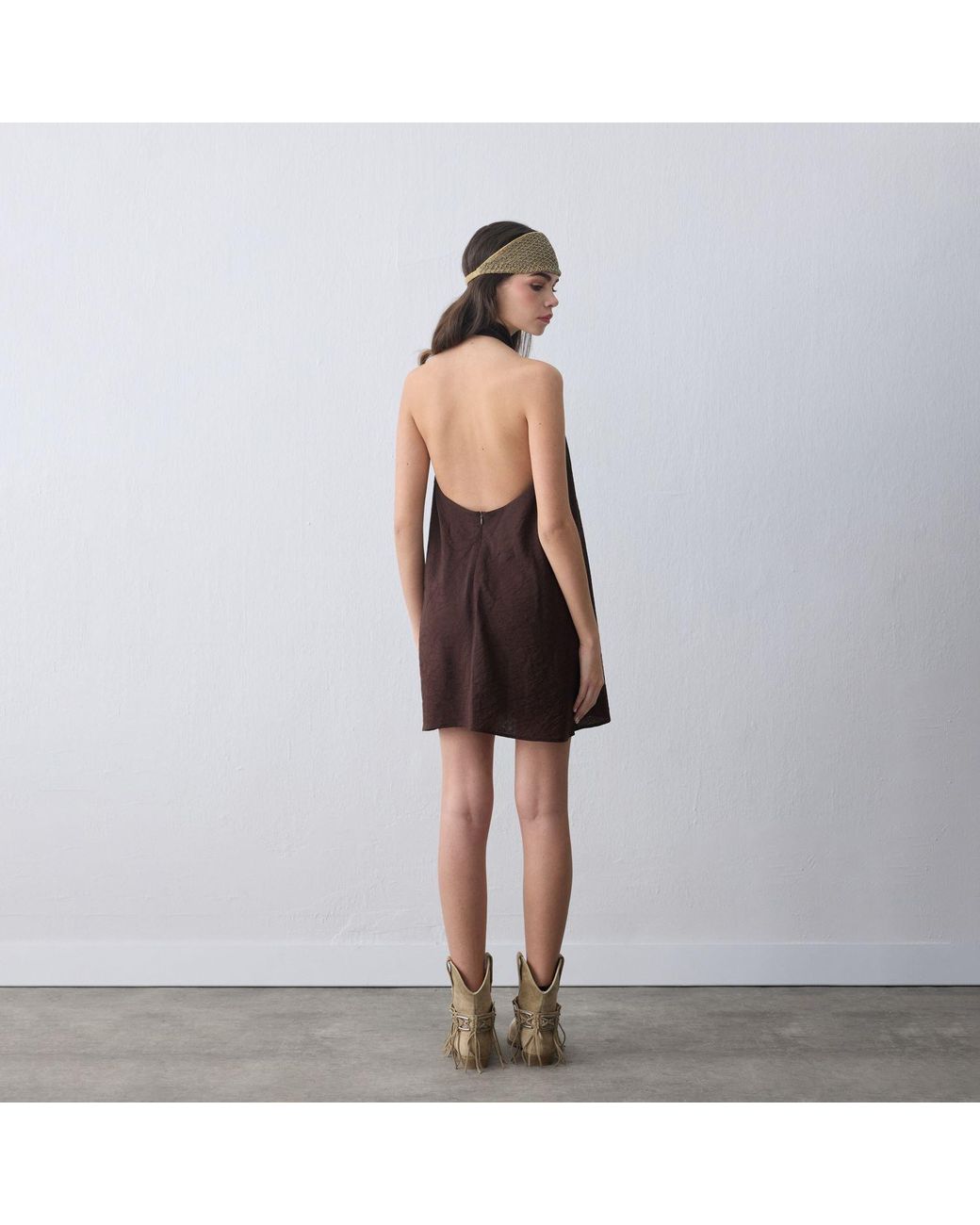 Thisisu Collection Brown Nysa Halter-Neck Jacquard Mini Dress