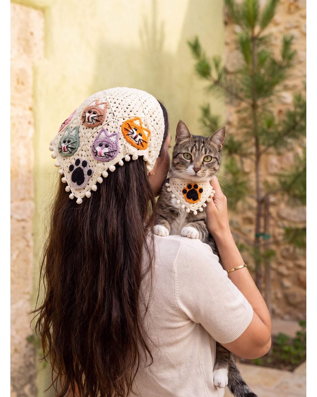 Ana Chic Pink Neutrals Cat Face Handmade Crochet Bandana Set
