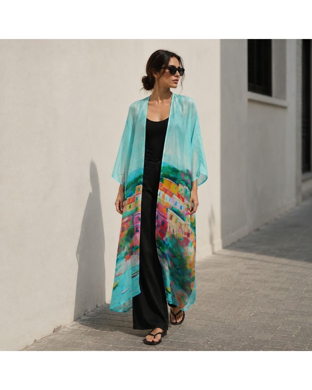 DHARA SHETH DUBAI Blue La Dolce Riviera Mediterranean Long Kimono Dress