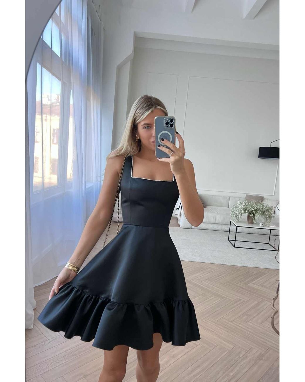 POST MERIDIEM Black Bottom Flounced Strap Mini Dress