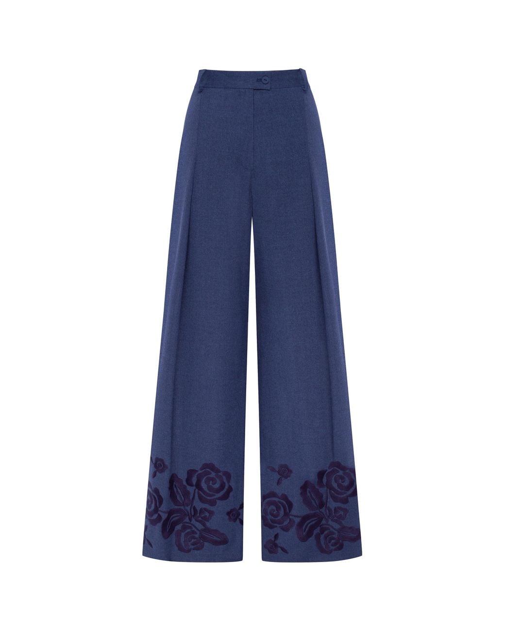 Annabo Blue Velvet Rose Embroidered Wool Wide-Leg Pants – Steel