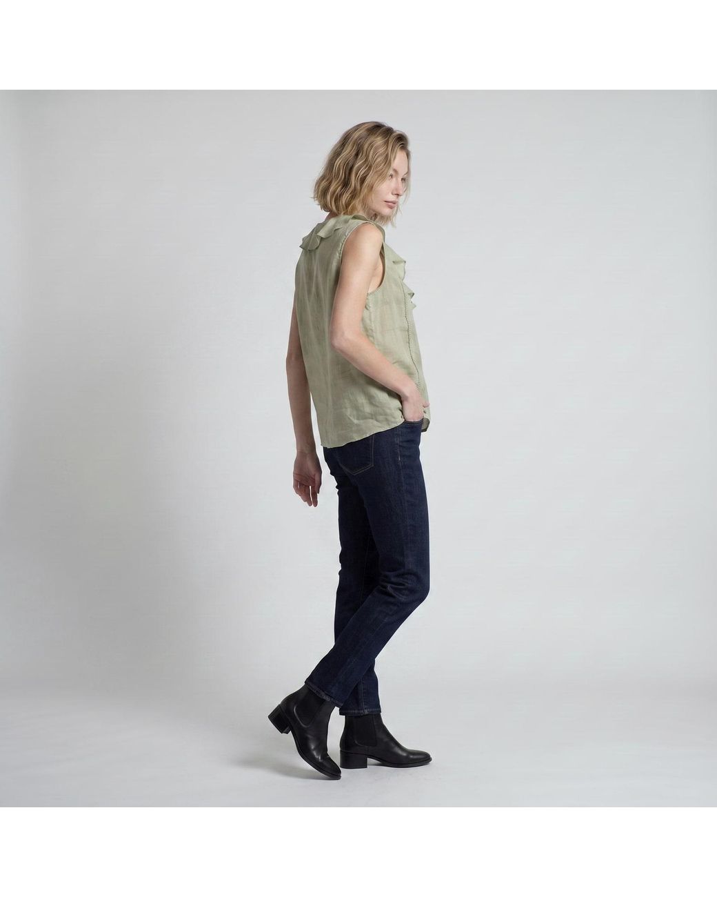 Modenaire Green Sleeveless Ruffle Front Blouse With Lace Inset Trim And V Neckline