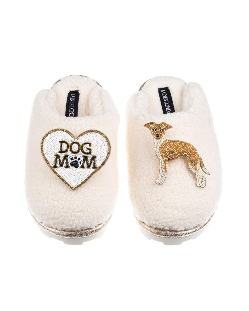 Laines London White Neutrals Teddy Closed Toe Slippers With Dog Mum/Mom & Fawn & Greyhound Brooches
