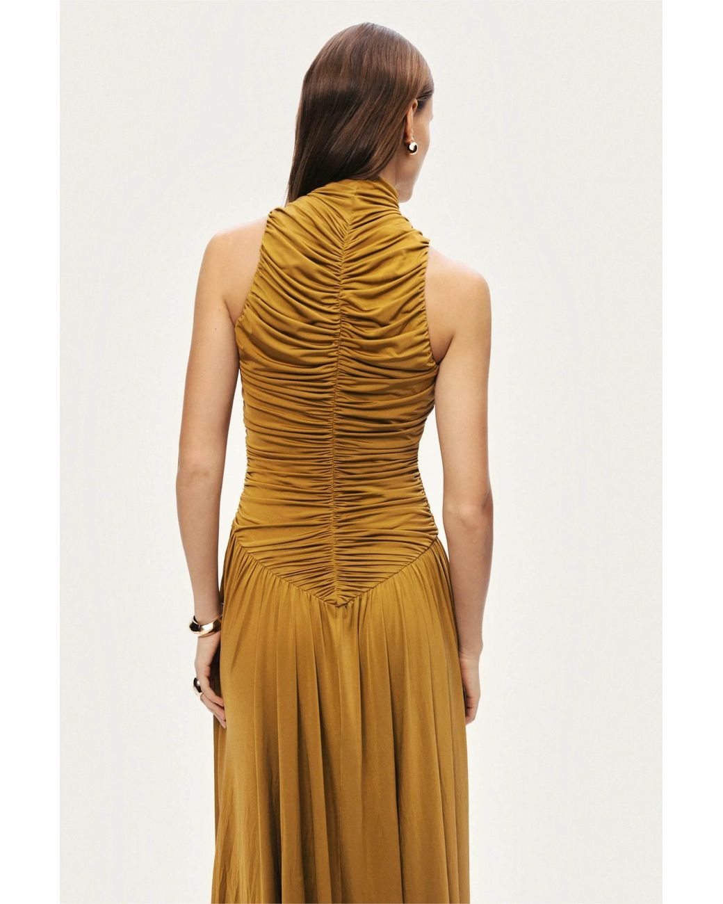 Nocturne Metallic Ruched High-Neck Maxi Dress