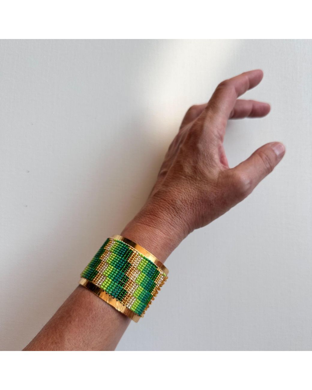 Iliana Arrazola Green Minimalist Deconstructed Cuff Bracelet, Glass Beads, Beaded Jewelry
