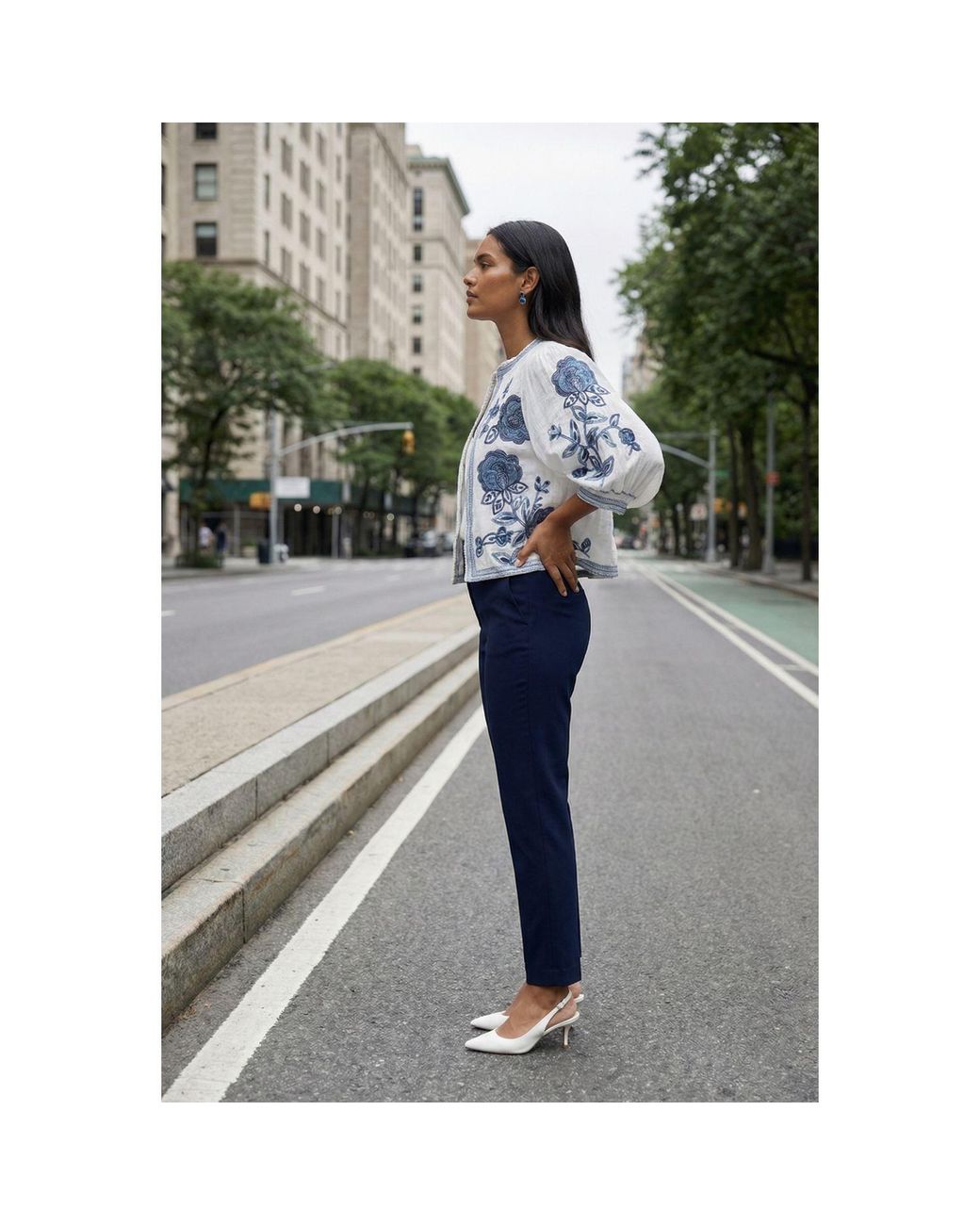 Modenaire Blue Floral Embroidered Cropped Jacket With Clean Front