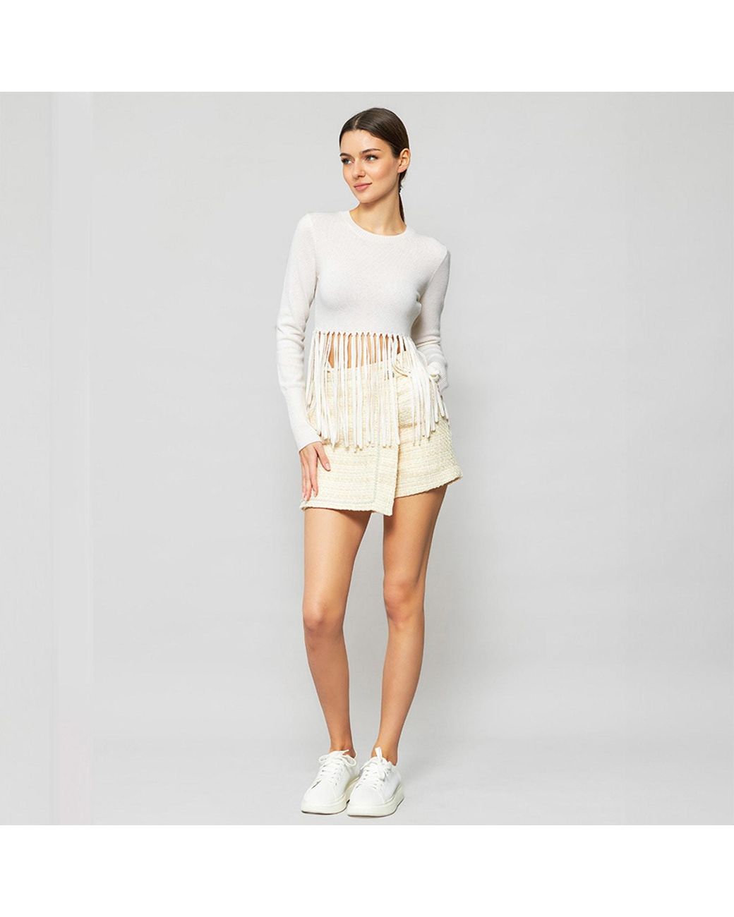 Solgo Atelier White Neutrals Mia Long Sleeve Cashmere Sweater Top With Hand Knotted Fringe Hem