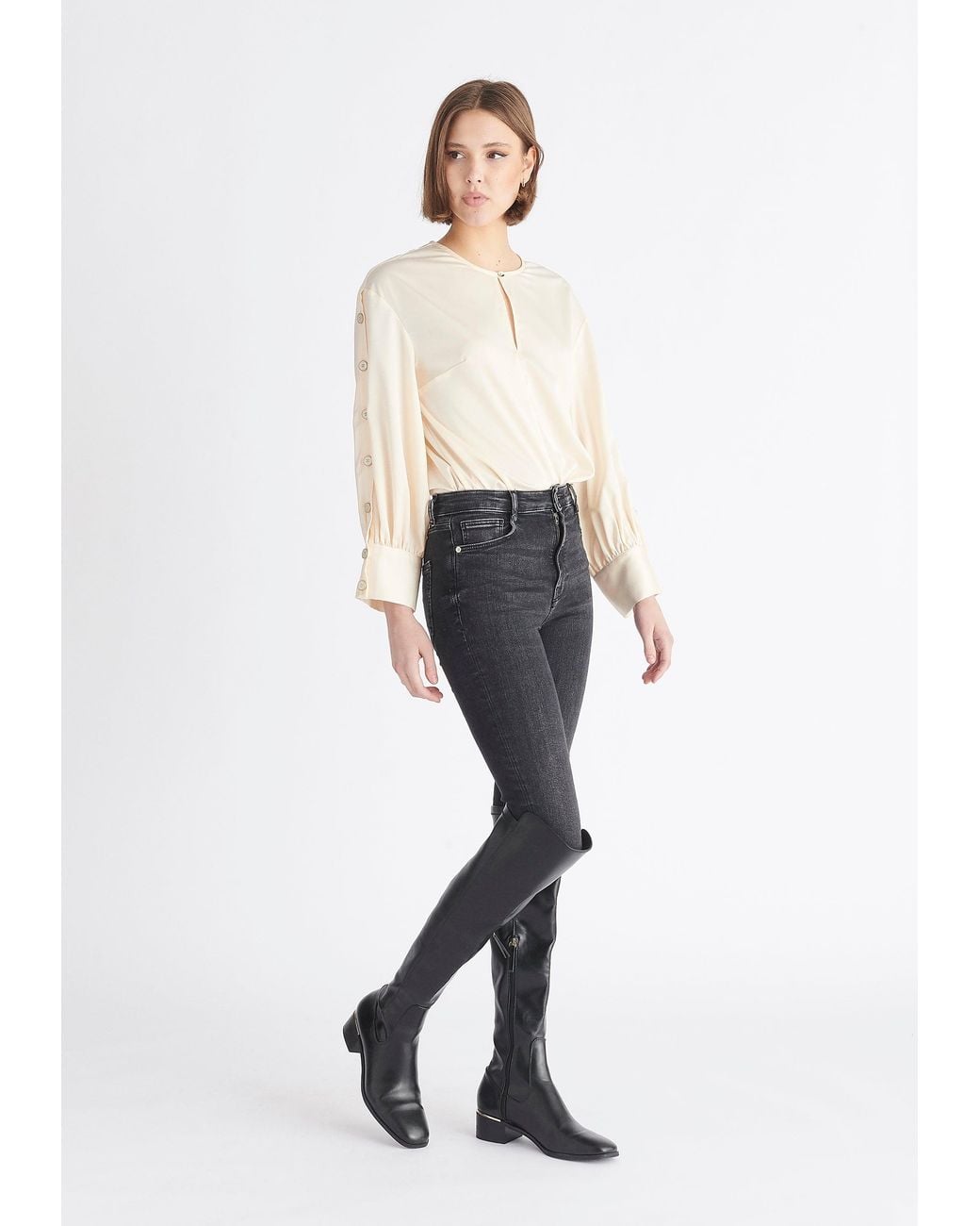 Paisie White Neutrals Button Sleeve Blouse