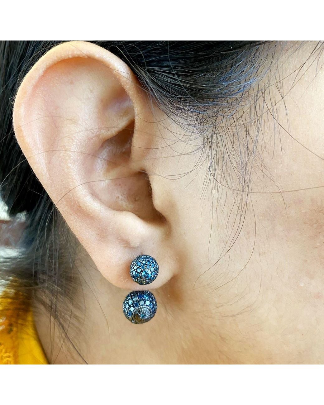 Artisan Blue Rose Diamond Pave Double Ball Front-Back Earrings