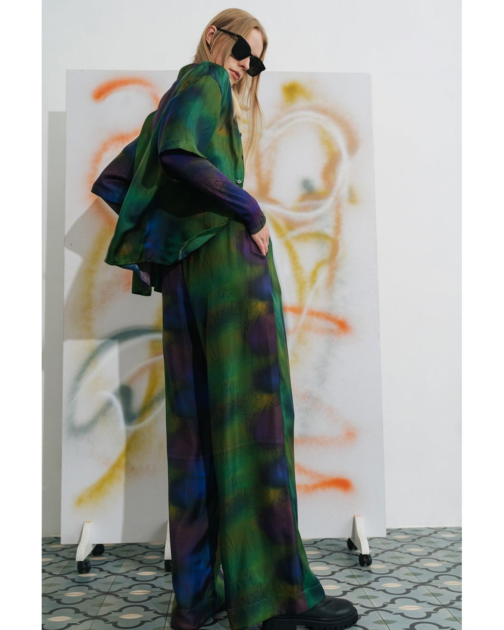Lost Pattern Green Brooklyn Silk Wide Leg Pants