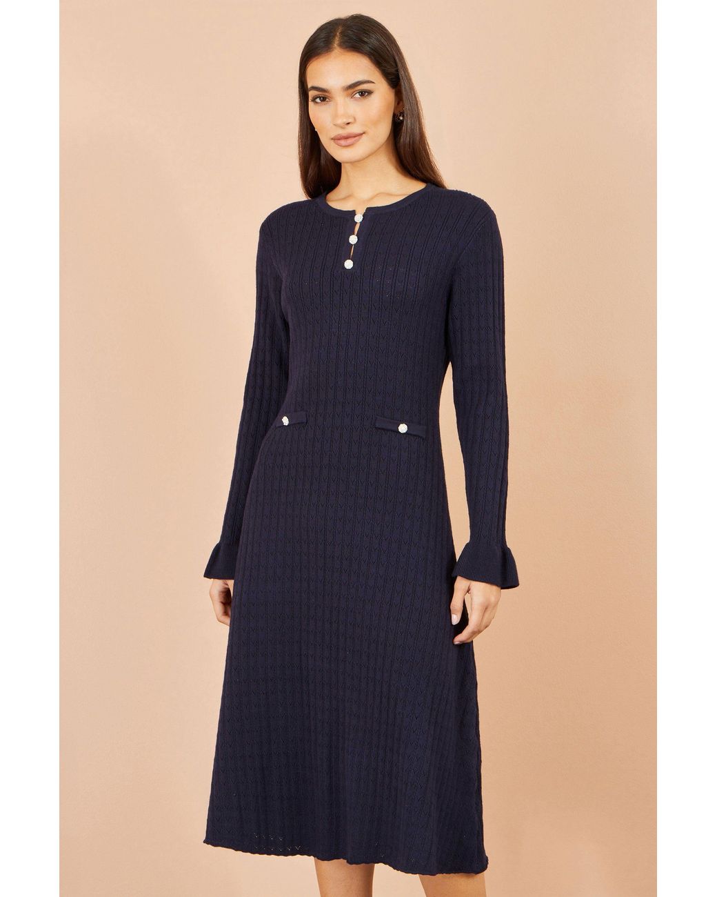 Yumi' Blue Viscose Knitted Midi Dress With Buttons