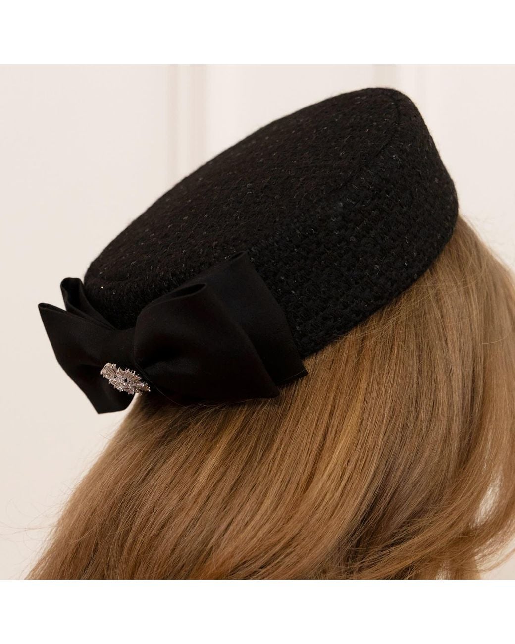 Santinni Black Amour Woollen Tweed Pillbox Hat With Silk Bow Rosa