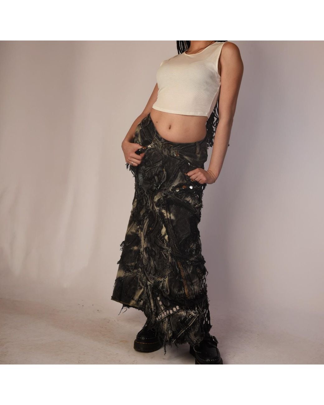 Zasta Studio Gray Shred Couture Studded Denim Skirt H