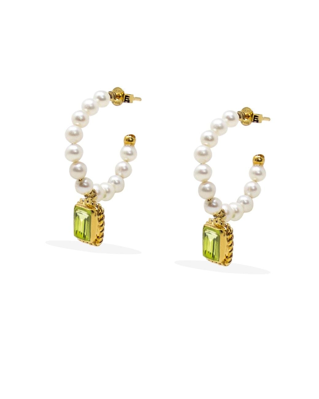 Vintouch Italy Metallic Luccichio Peridot And Pearl Hoop Earrings