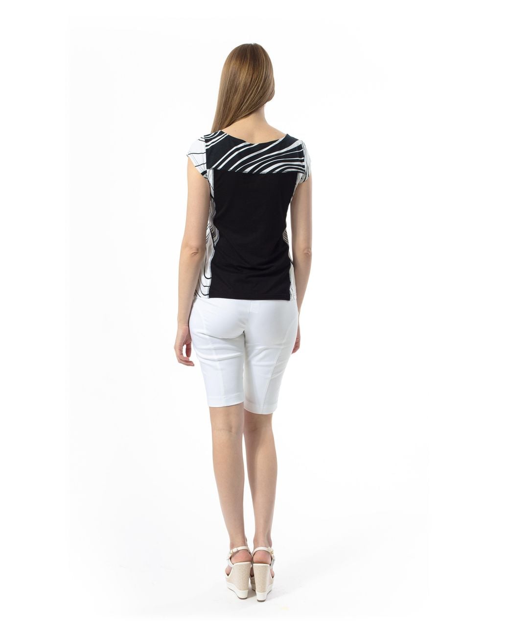 Conquista Black Two-Tone Cap Sleeve Print Top